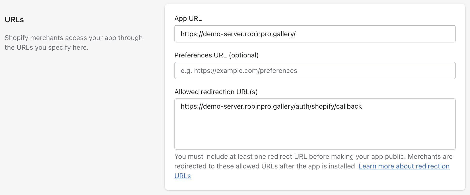 Shopify app configure URLs
